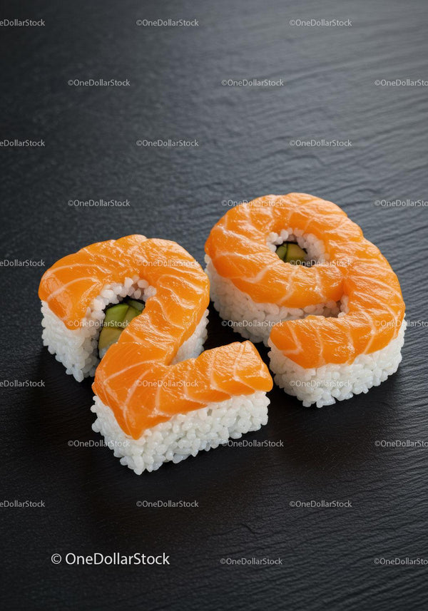 Salmon sushi shaped as number twenty nine on black plate