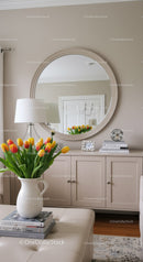 Elegant Living Room with Tulip Floral Arrangement and Mirror