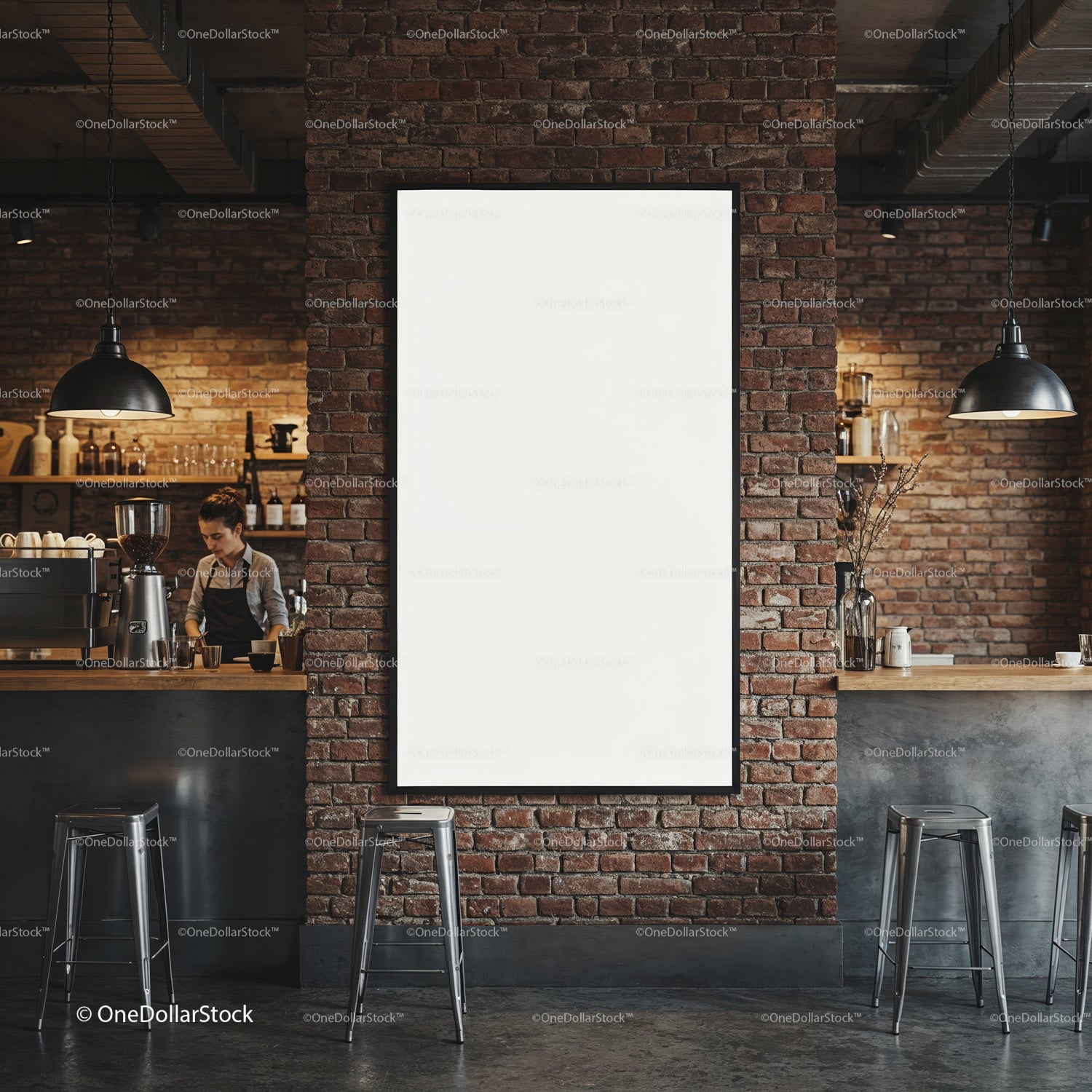 Barista preparing coffee in modern industrial cafe interior