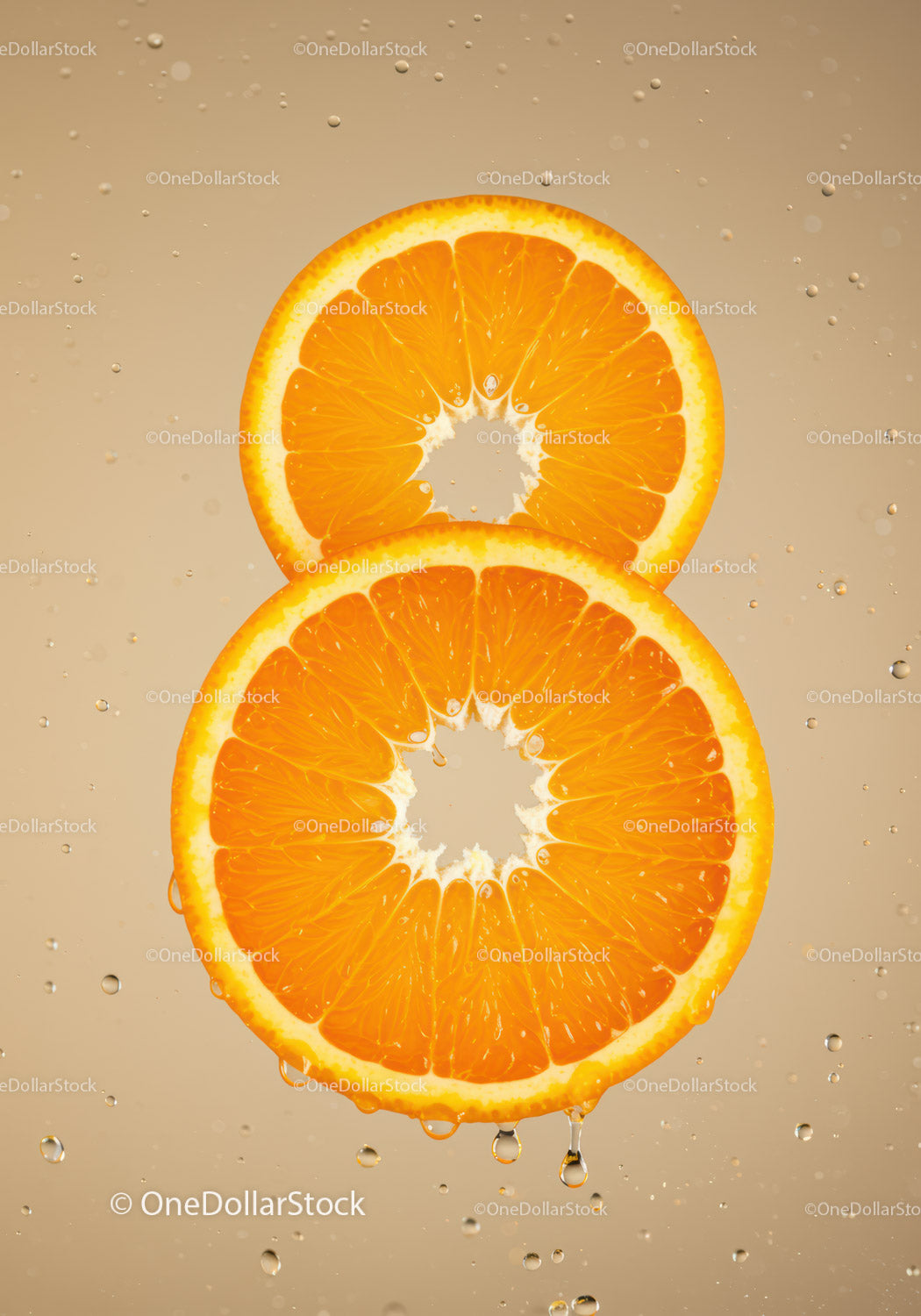 Fresh Orange Slices with Water Droplets on Beige Background