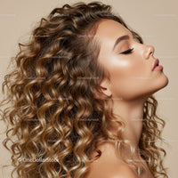 Profile of young woman with curly hair and flawless skin