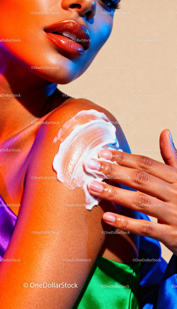 Applying Moisturizer on Smooth Shoulder in Colorful Light