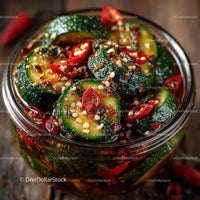 Vibrant Spicy Cucumber Kimchi in Glass Jar with Fresh Vegetables