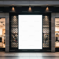 Illuminated blank billboard in modern shopping mall