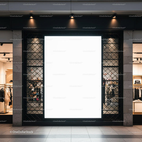 Illuminated blank billboard in modern shopping mall JPG Mockup Image