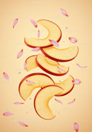 Fresh apple slices falling with soft pink petals
