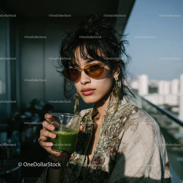 Stylish Woman Wearing Sunglasses Holding Green Juice on Balcony