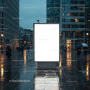 Urban street scene with illuminated blank billboard at dusk