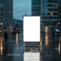 Urban street scene with illuminated blank billboard at dusk