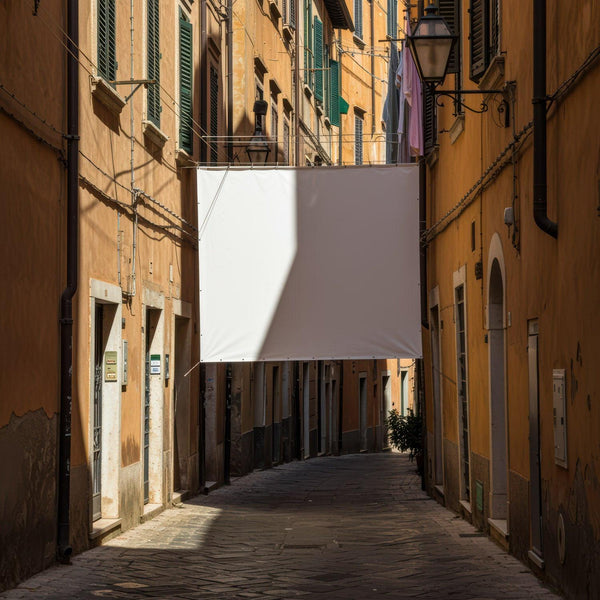 Narrow sunlit alleyway with hanging white cloth banner JPG Mockup Image