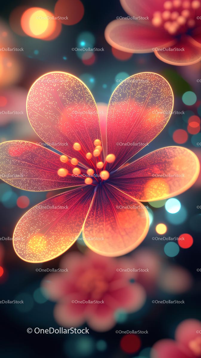 Vibrant Glowing Flower with Sparkling Petals Surrounded by Colorful Bokeh