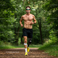 Male Runner with Prosthetic Leg Running Through Foggy Forest Trail