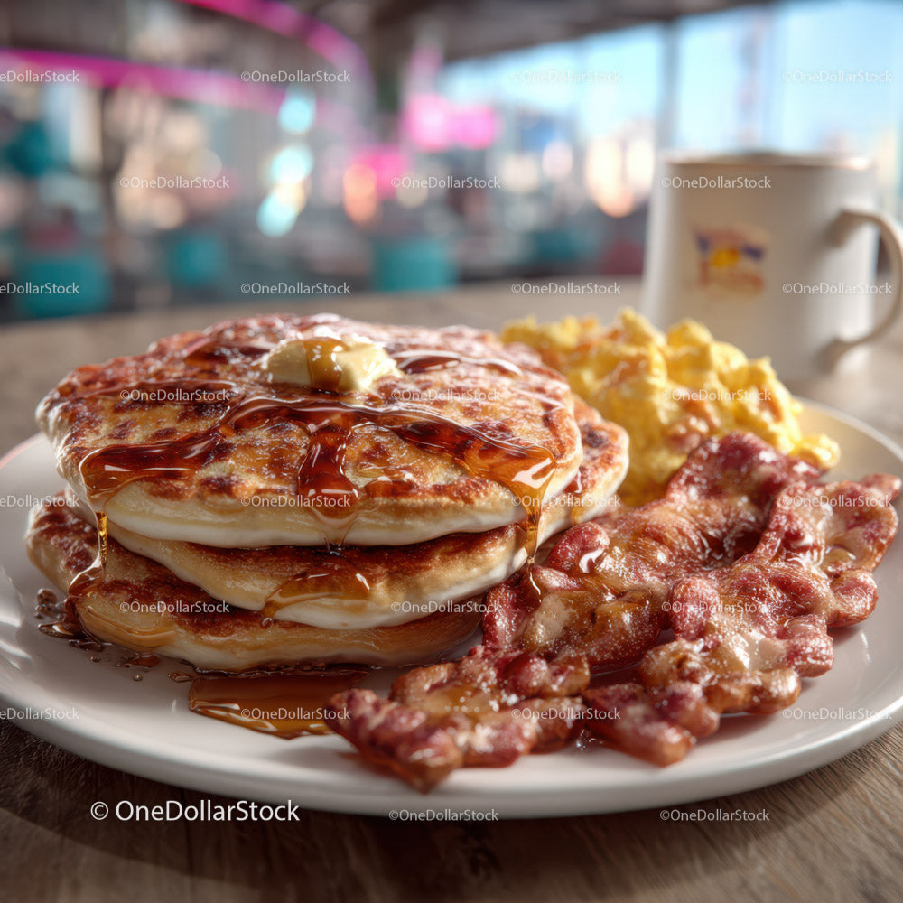 Sweet Pancakes with Bacon and Maple Syrup on a Breakfast Plate