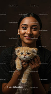 Young woman holding adorable orange kitten close