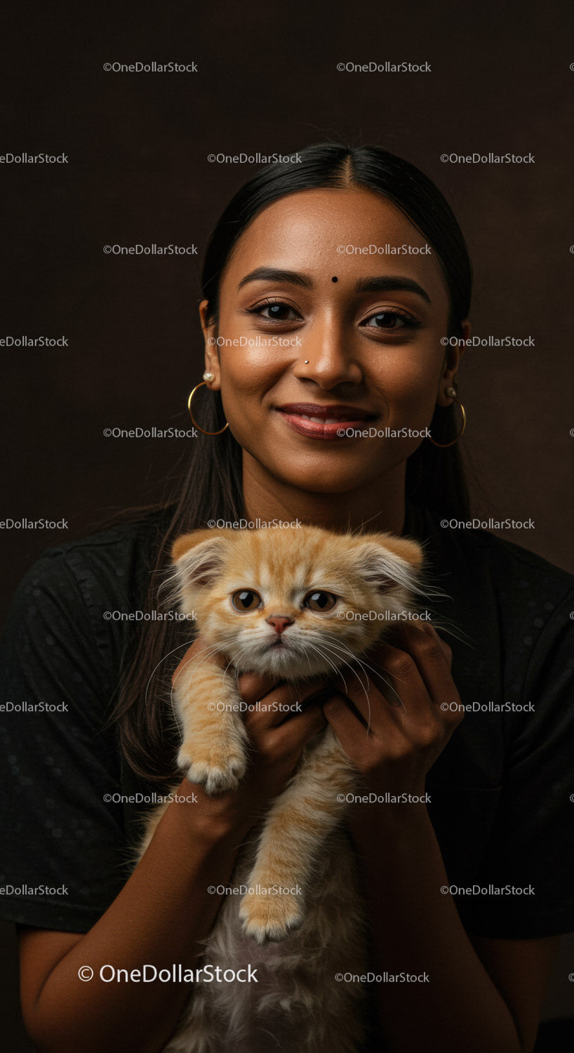 Young woman holding adorable orange kitten close
