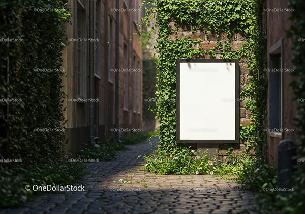 Blank billboard on ivy-covered brick wall in alley JPG Mockup Image