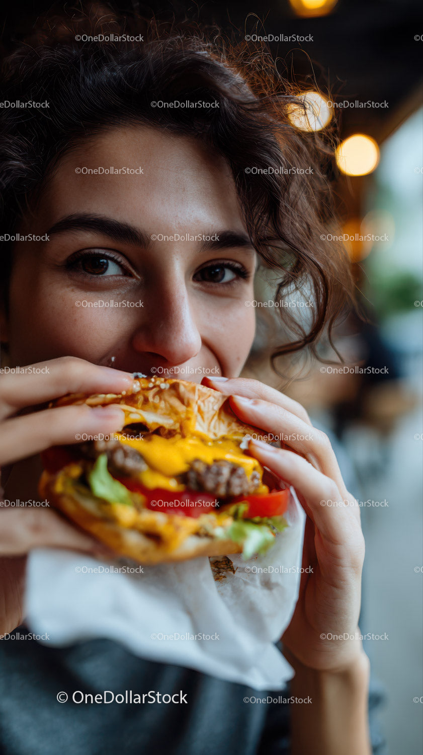 Happy Young Woman Eating Juicy Cheeseburger in Urban Cafe