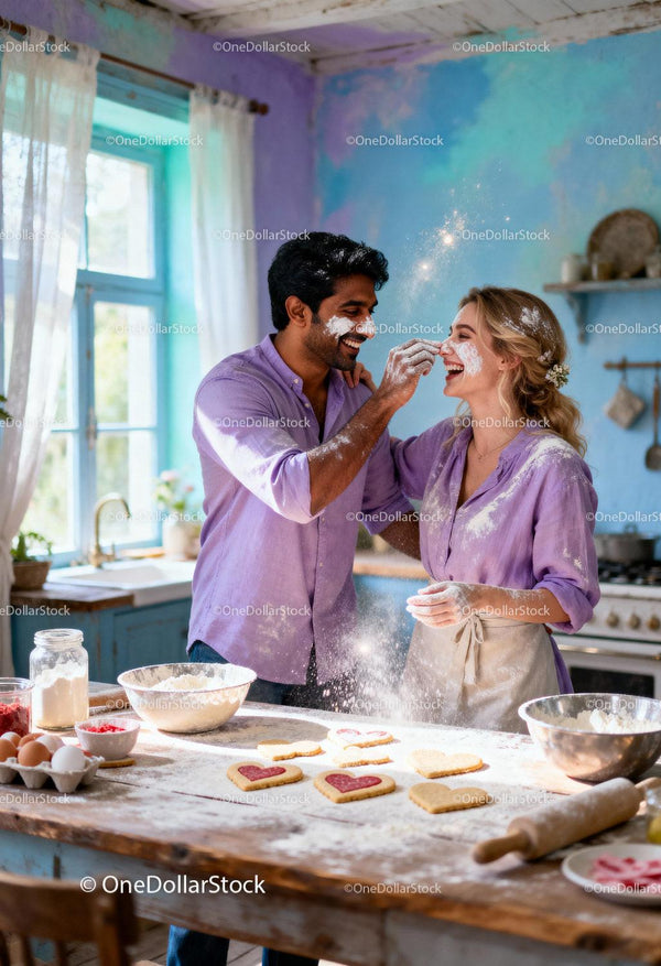 Couple Playfully Baking Heart Cookies in Bright Kitchen