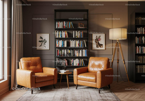 Cozy reading nook with leather armchairs and bookcase
