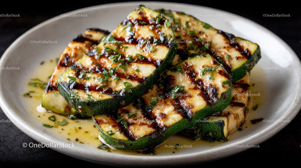 Grilled Zucchini Slices on Black Slate Plate with Char Marks