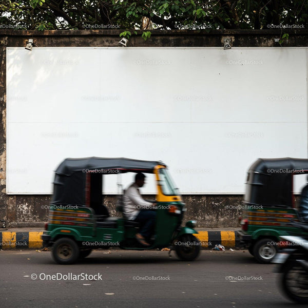 Blurred motion of auto rickshaws on urban street JPG Mockup Image