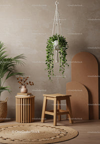 Modern Boho Interior with Hanging Plant and Wooden Stool