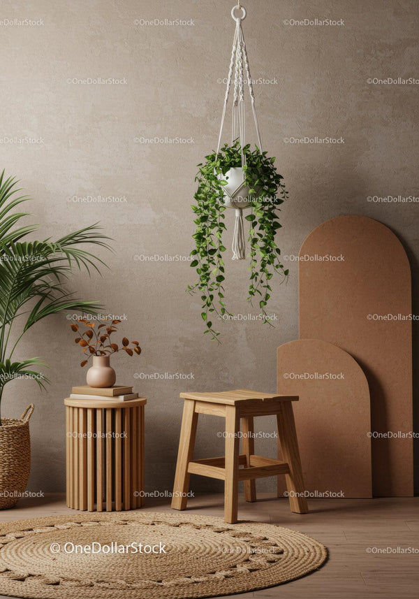 Nowoczesne Boho Wnętrze z Wiszącą Rośliną i Drewnianym Stołkiem