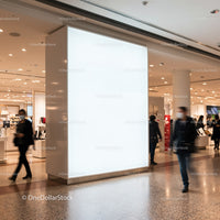 Bright illuminated advertising board in busy modern mall