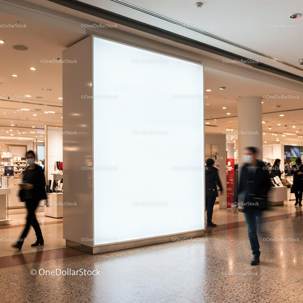 Bright illuminated advertising board in busy modern mall JPG Mockup Image