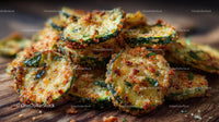 Crispy Breaded Zucchini Chips on Rustic Wooden Surface