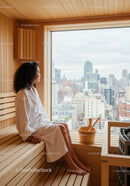 Woman Relaxing in Wooden Sauna with City Skyline View