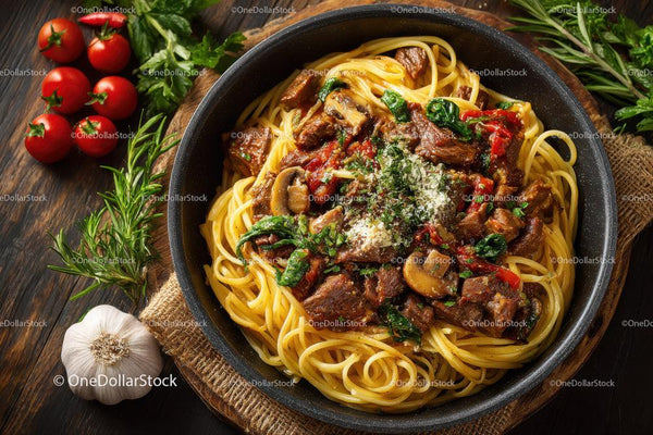 Hearty Beef Mushroom Pasta Dish with Fresh Herbs and Tomatoes
