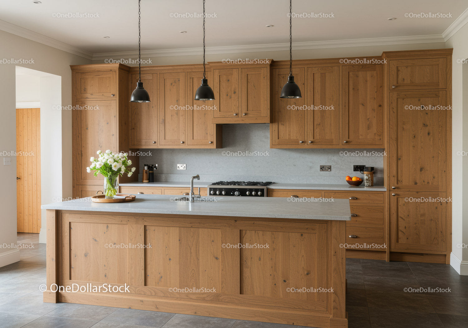 Modern Kitchen with Wooden Cabinets and Grey Countertop
