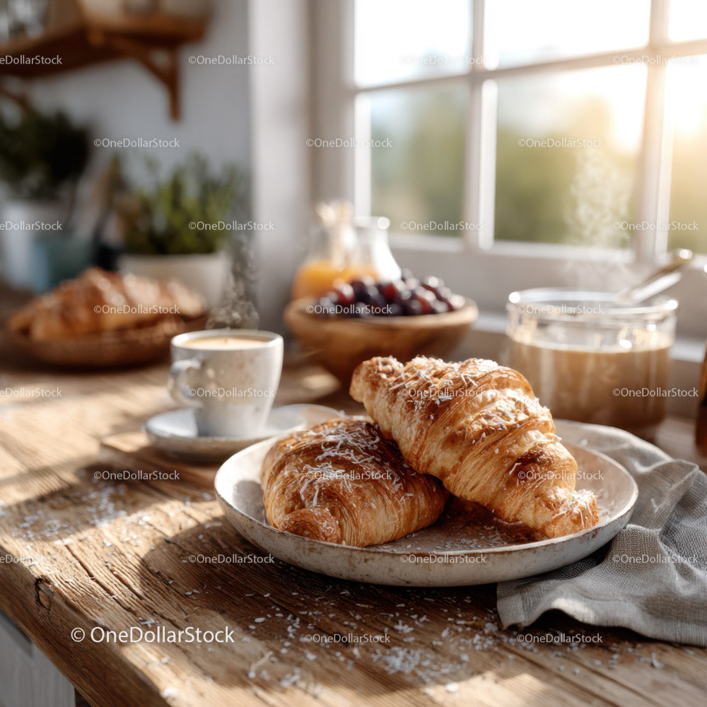 Świeże croissanty i kawa na oświetlonym słońcem drewnianym stole śniadaniowym