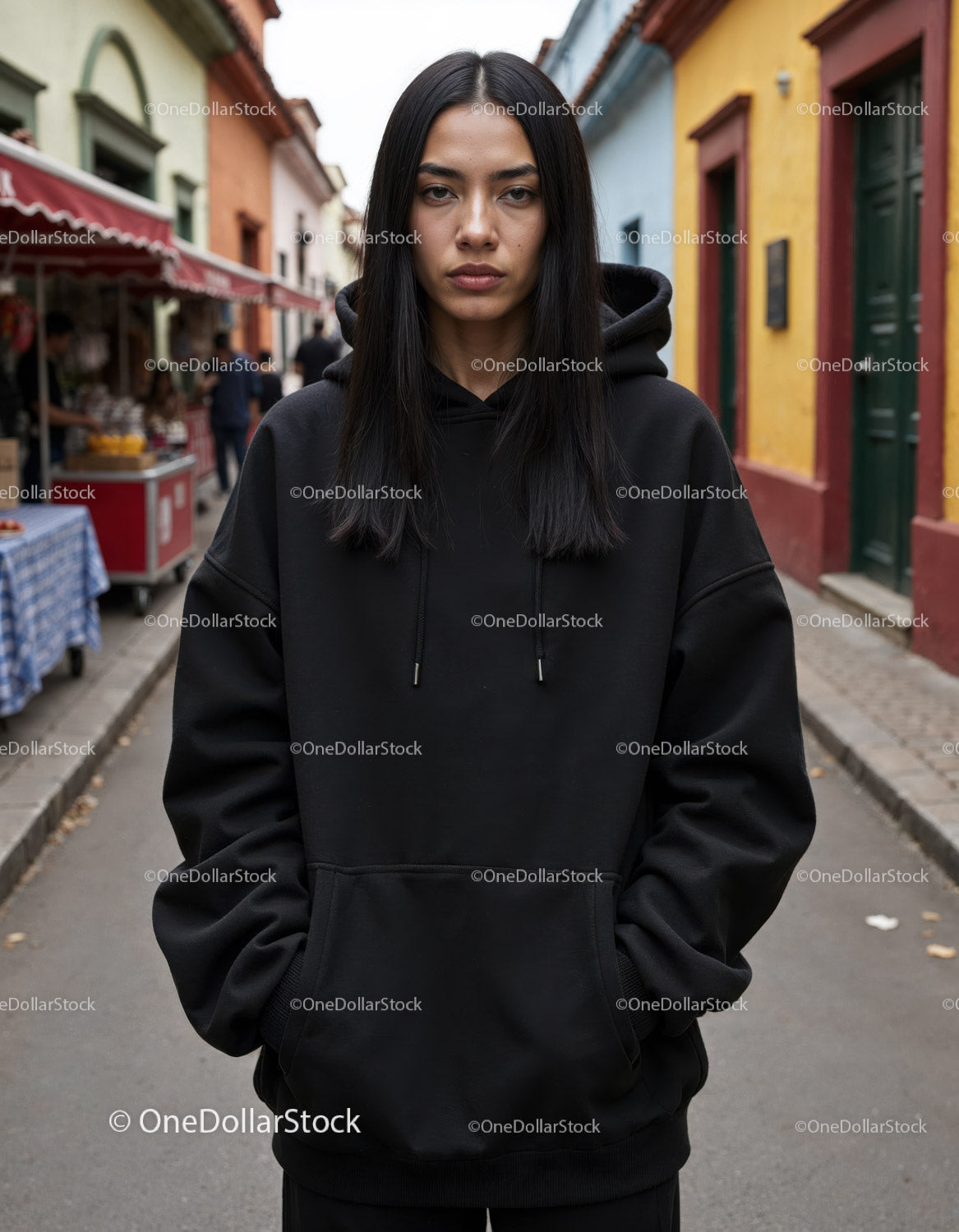 Fashionable Woman Wearing Black Hoodie in Urban City Street