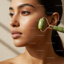 Young Woman Using Jade Roller for Facial Skincare and Relaxation
