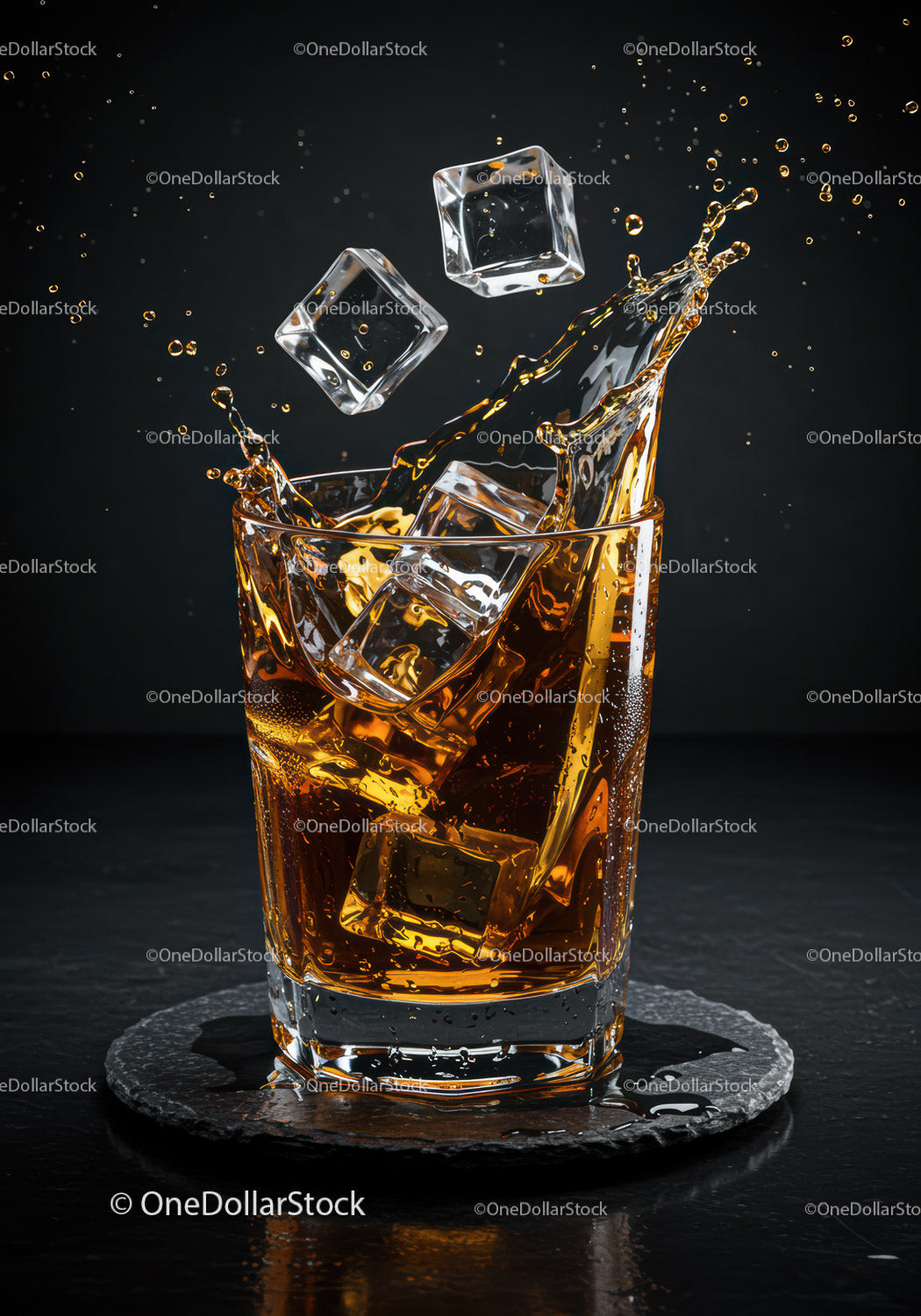 Refreshing splash of whiskey with ice cubes in glass