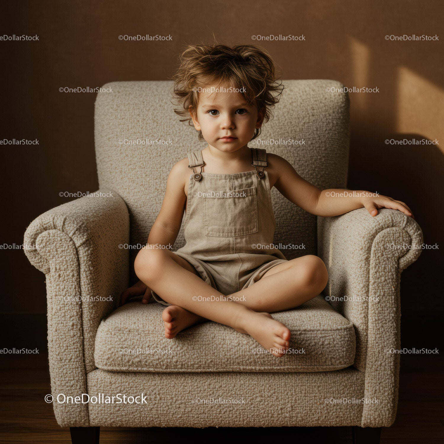 Toddler Sitting Cross Legged on Cozy Armchair Indoors