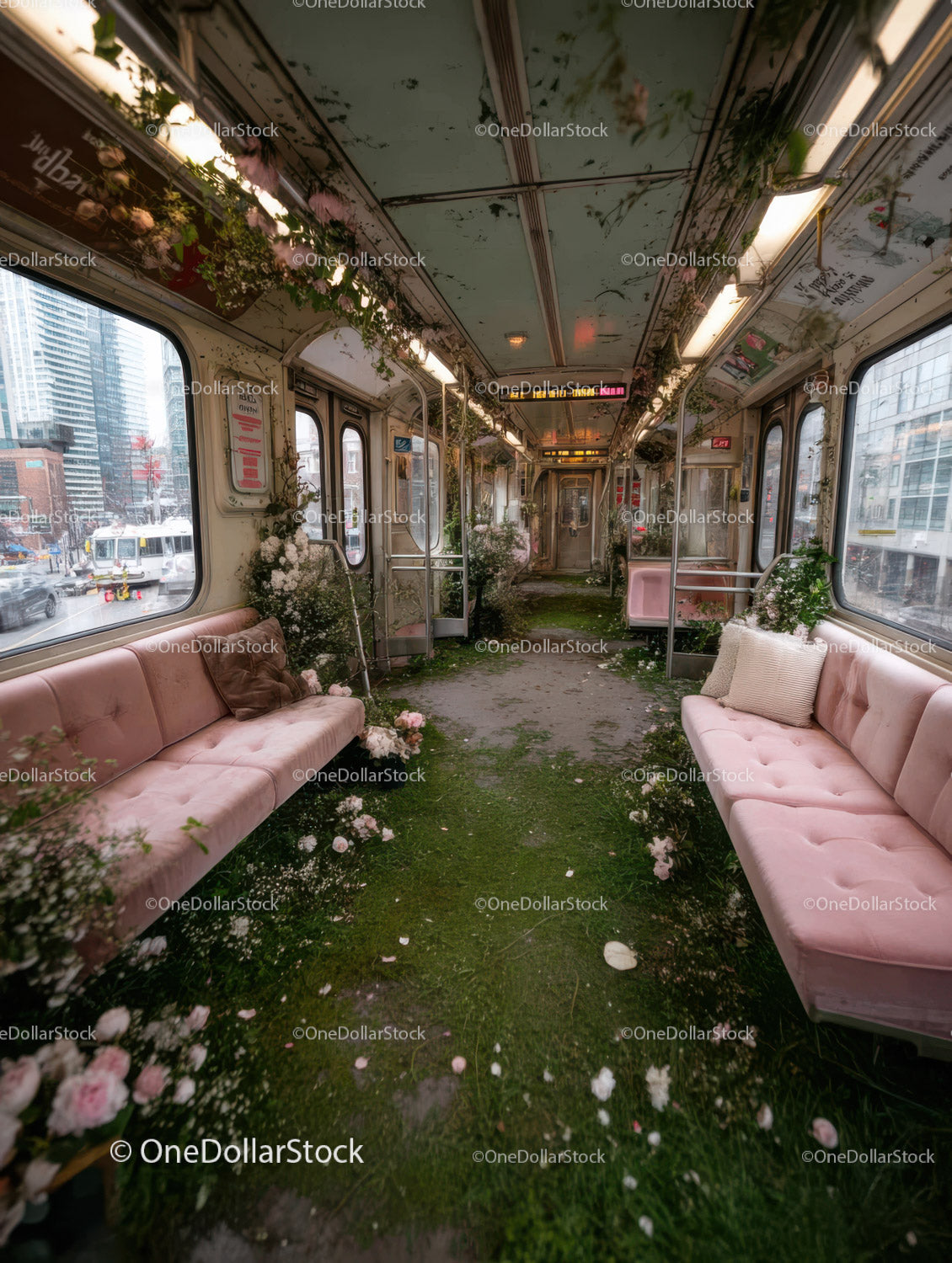 Overgrown Vintage Tram Interior with Pink Velvet Seats and Flowers