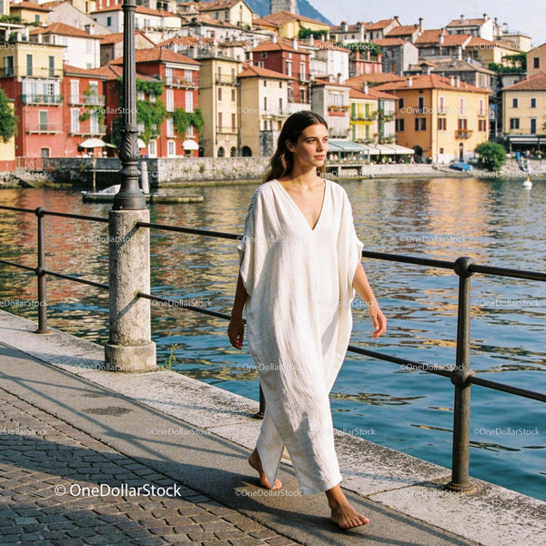 Peaceful woman walking barefoot by the waterfront in white dress