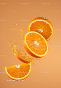 Juicy orange slices splashing vibrant citrus juice