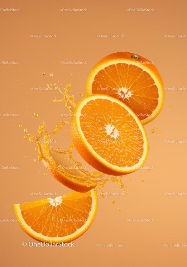 Juicy orange slices splashing vibrant citrus juice