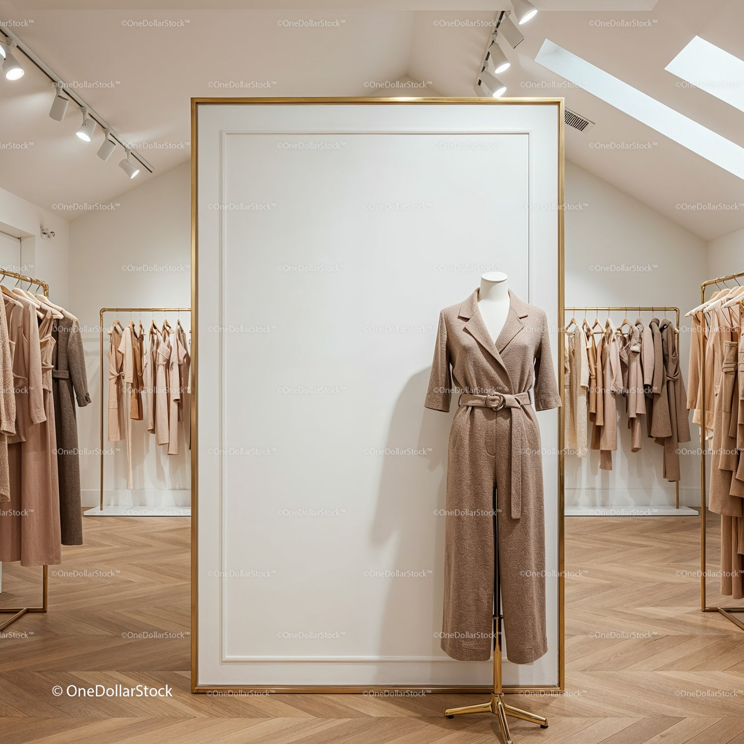 Minimalist boutique interior with neutral clothing display