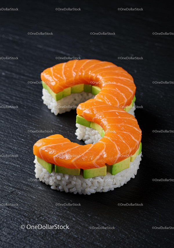 Sushi z łososiem i awokado w kształcie cyfry trzy