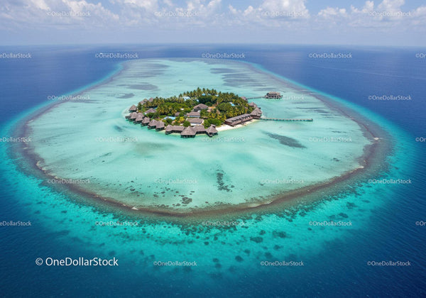 Tropical Island with Overwater Bungalows and Crystal Clear Waters
