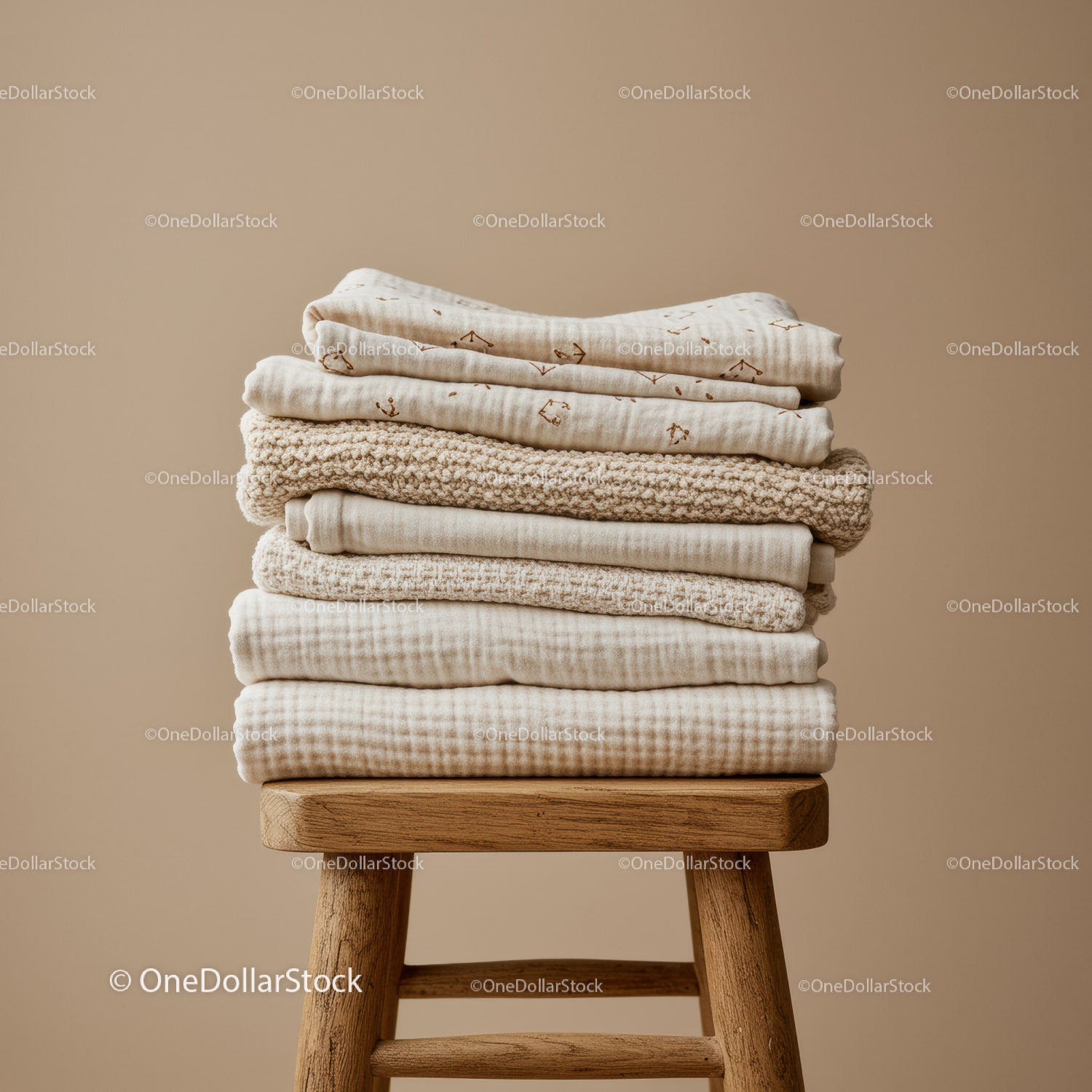 Stack of Soft Beige Textiles on Wooden Stool