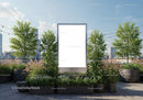 Urban rooftop garden with blank advertising board