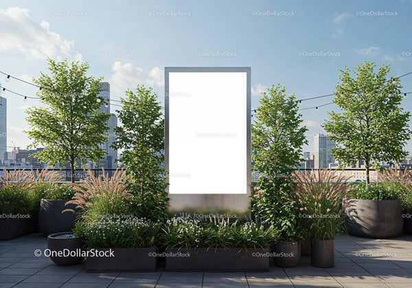 Urban rooftop garden with blank advertising board JPG Mockup Image