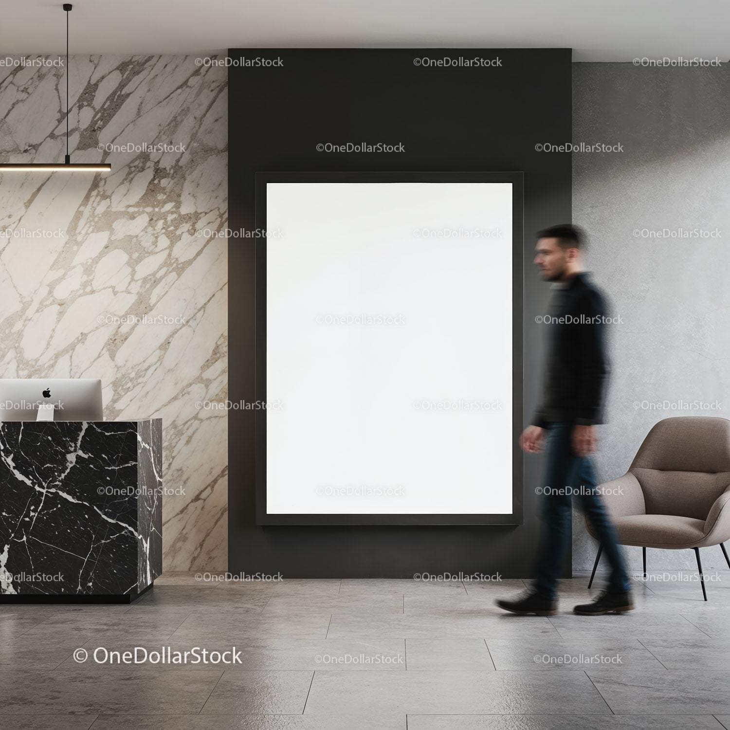 Modern Office Lobby with Marble Desk and Blank Poster