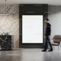Modern Office Lobby with Marble Desk and Blank Poster